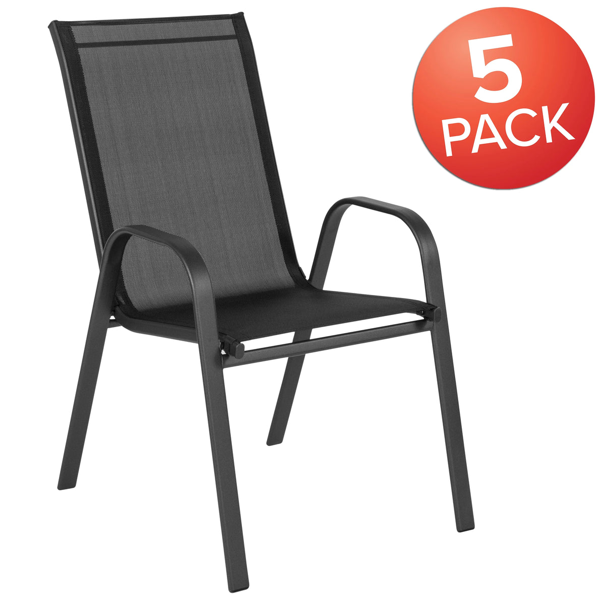 BizChair 5 Pack Black Outdoor Stack Chair with Flex Comfort Material and Metal Frame