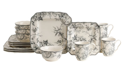 222 Fifth Adelaide Round 16-Piece Porcelain Dinnerware Set, Black Toile