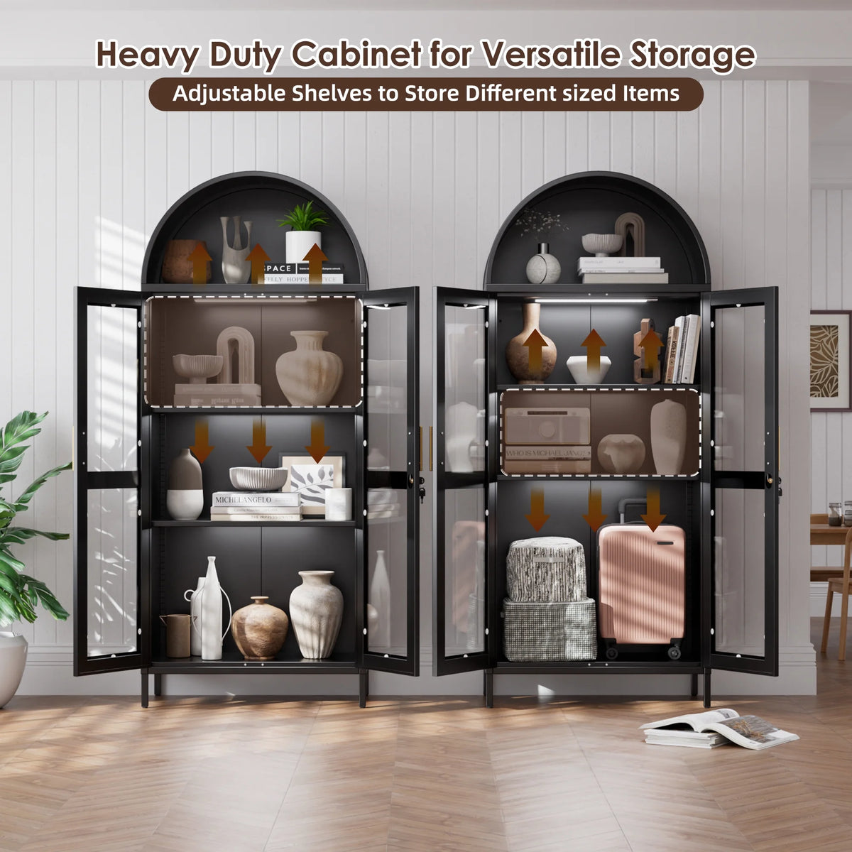 SUPEER Metal Arched Storage Display Cabinet with Glass Doors and Adjustable Shelves, Lockable Cabinet, Assembly Required, Black