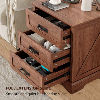 Farmhouse Nightstand Set of 2, 22 inch Side Table with Charging Station for Bedroom, 2PCS, White