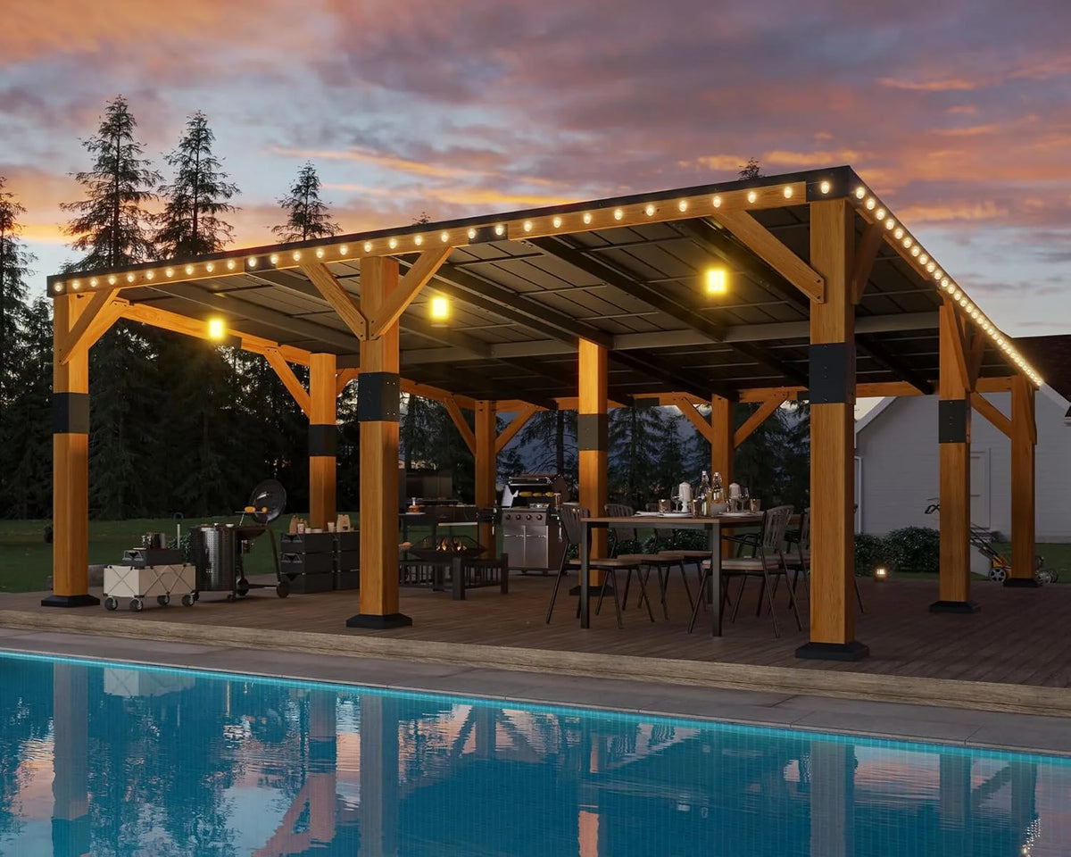 Jocisland 20x20x9.2 ft Cedar Wood Carport with Sloped Galvanized Steel Roof, Heavy Duty Outdoor Shelter for 2 Cars, Trucks, Boats & Tractors