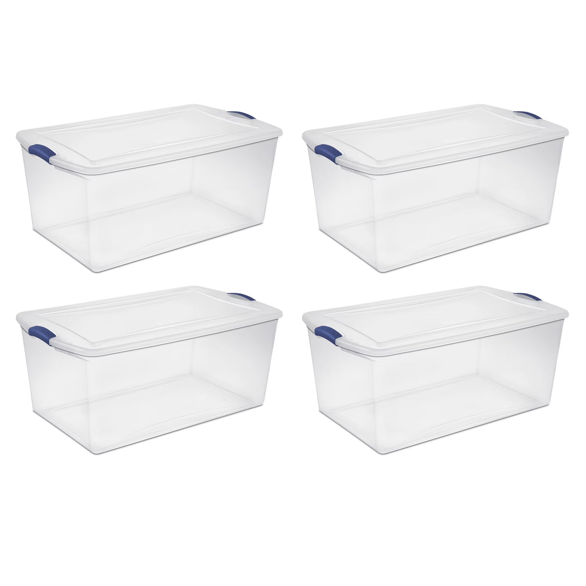 Sterilite 105 Quart Latch Box, Clear Plastic Storage Bin with Clear Lid, Blue, 4 Count