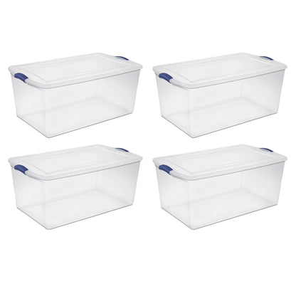 Sterilite 105 Quart Latch Box, Clear Plastic Storage Bin with Clear Lid, Blue, 4 Count