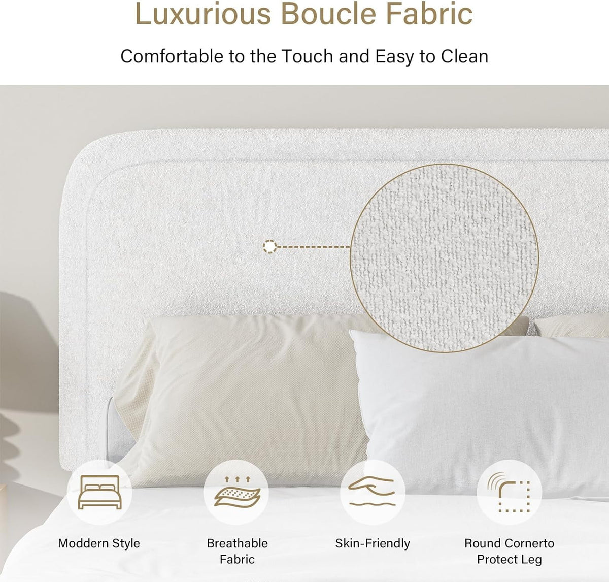 4 EVER WINNER Twin Size Bed Frame, Modern Bed Frame with Headboard, Boucle Fabric Upholstered Bed Frame, Soft Curved Headboard, Cream