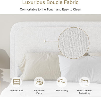 4 EVER WINNER Twin Size Bed Frame, Modern Bed Frame with Headboard, Boucle Fabric Upholstered Bed Frame, Soft Curved Headboard, Cream