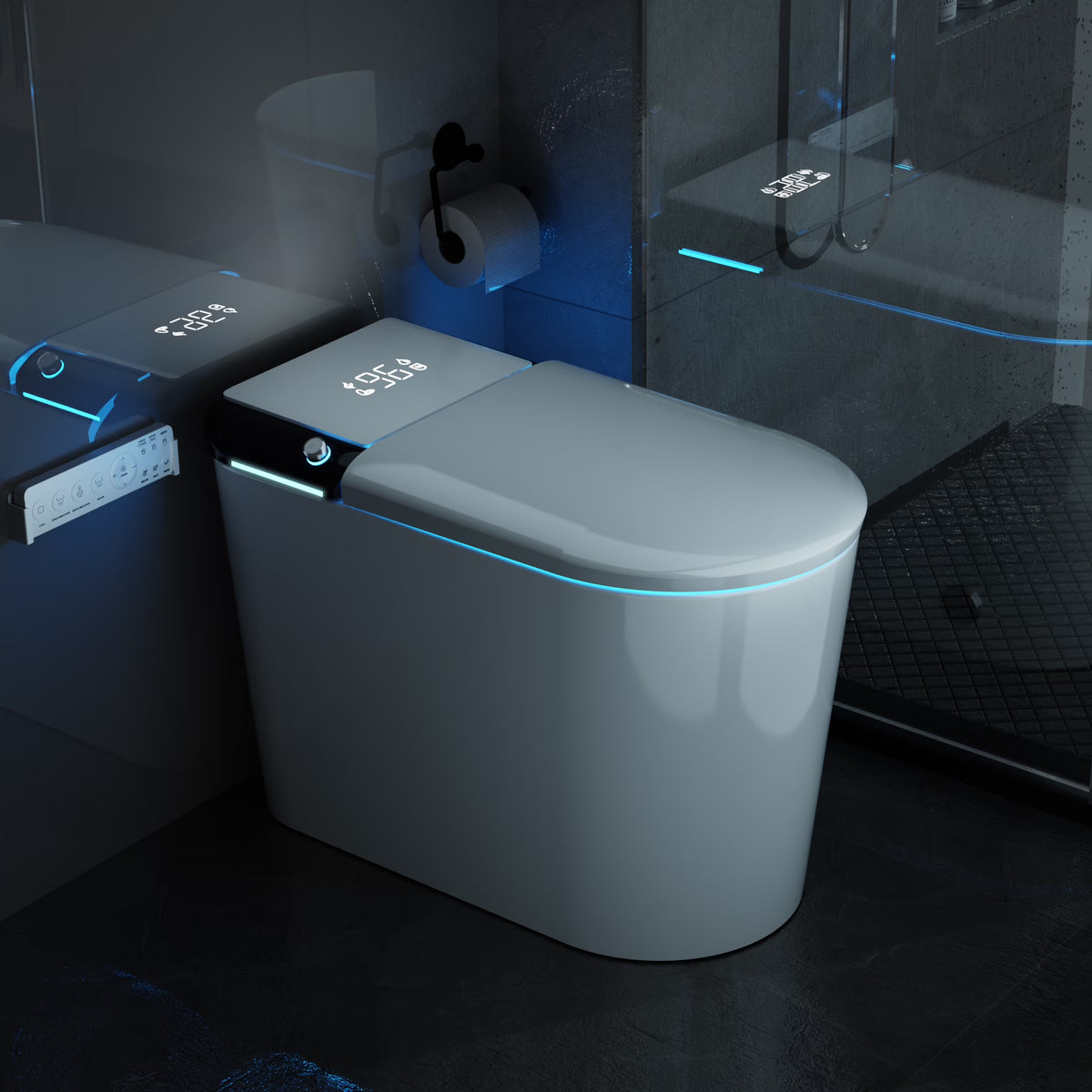 LALAHOO Smart Toilet with Bidet Built in, Auto Open & Close, Elongated Heated seat, Foot Sensor Flush, LED Display, Warm Water Wash, Dryer, Night Light, Black