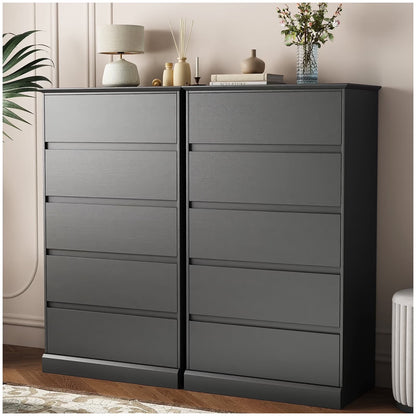 2 PCS  Dresser for Bedroom, 5 Drawer Dresser Black Chest of Drawers for Living Room Dressing Room Entryway -2PCS