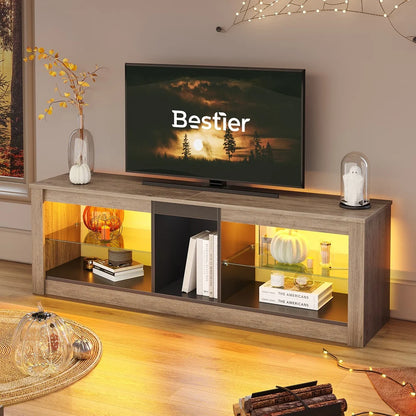 Bestier Entertainment Center with LED Lights TV Stand Media Console Table for TVs up to 60" in Light Grey