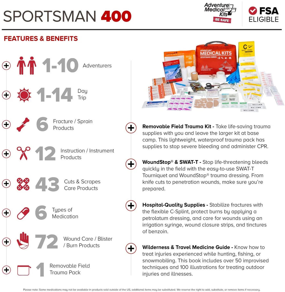 Adventure Medical Kits Sportsman Series 400 Outdoor First Aid Kit - 180 Pieces