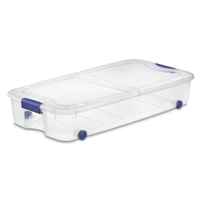 Sterilite 66 Quart Wheeled Latch Box, Clear Underbed Storage Bin with Lid, Blue, 4 Count