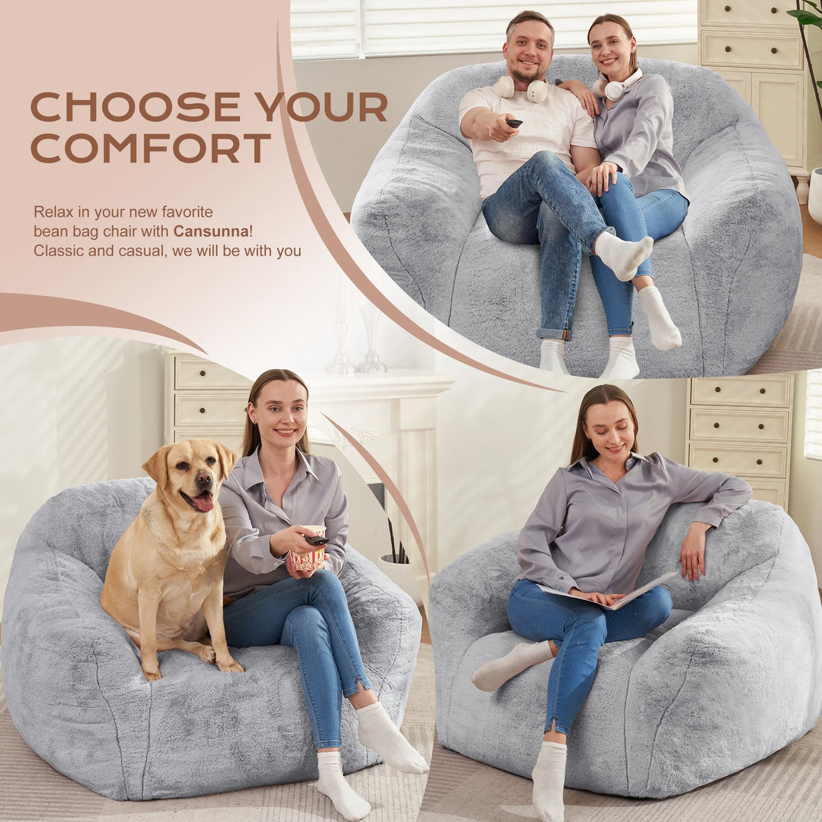 HOMGUAVA Giant Bean Bag Chair for Adults & Kids, Oversized Lounger Couch Large Lazy Chair w/ Stuffed Memory Foam & Wide Armrests, Light Gray