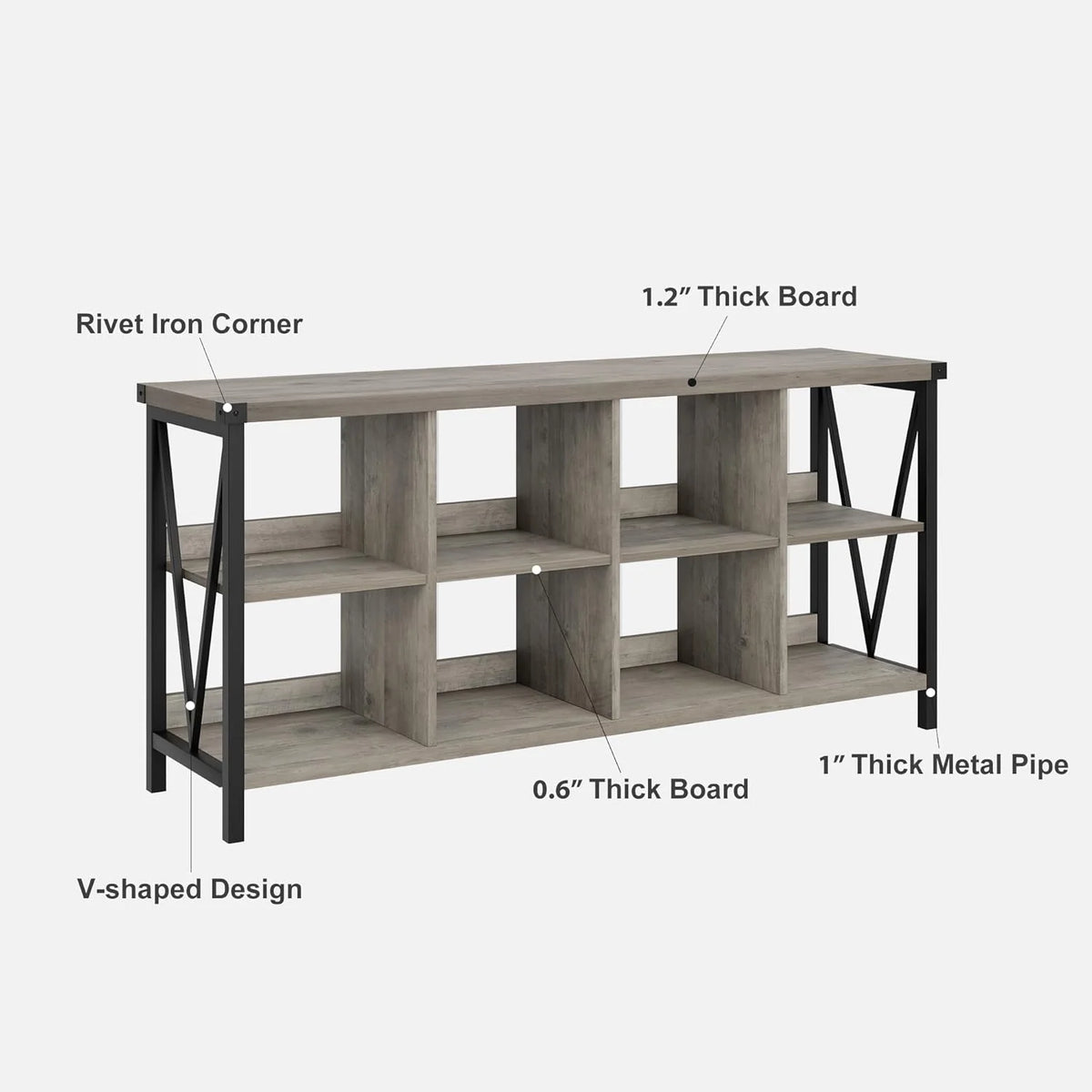 WALYWIK 8 Cube Storage Organizer Bookshelf, 3 Tier Metal Horizontal Bookcase, 62 Inch Console Bookshelfs, Industrial Storage Bookcase for Entryway, Long Low Book Shelf for Living Room-Grey