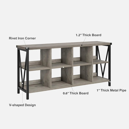 WALYWIK 8 Cube Storage Organizer Bookshelf, 3 Tier Metal Horizontal Bookcase, 62 Inch Console Bookshelfs, Industrial Storage Bookcase for Entryway, Long Low Book Shelf for Living Room-Grey