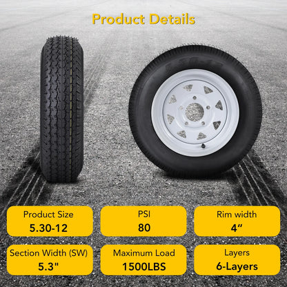 Garvee 2PCS trailer mounted wheels,12 "rims,5.30-12 5.30x12 530-12 5.30,5 lugs 4.5", load range C, 6PR
