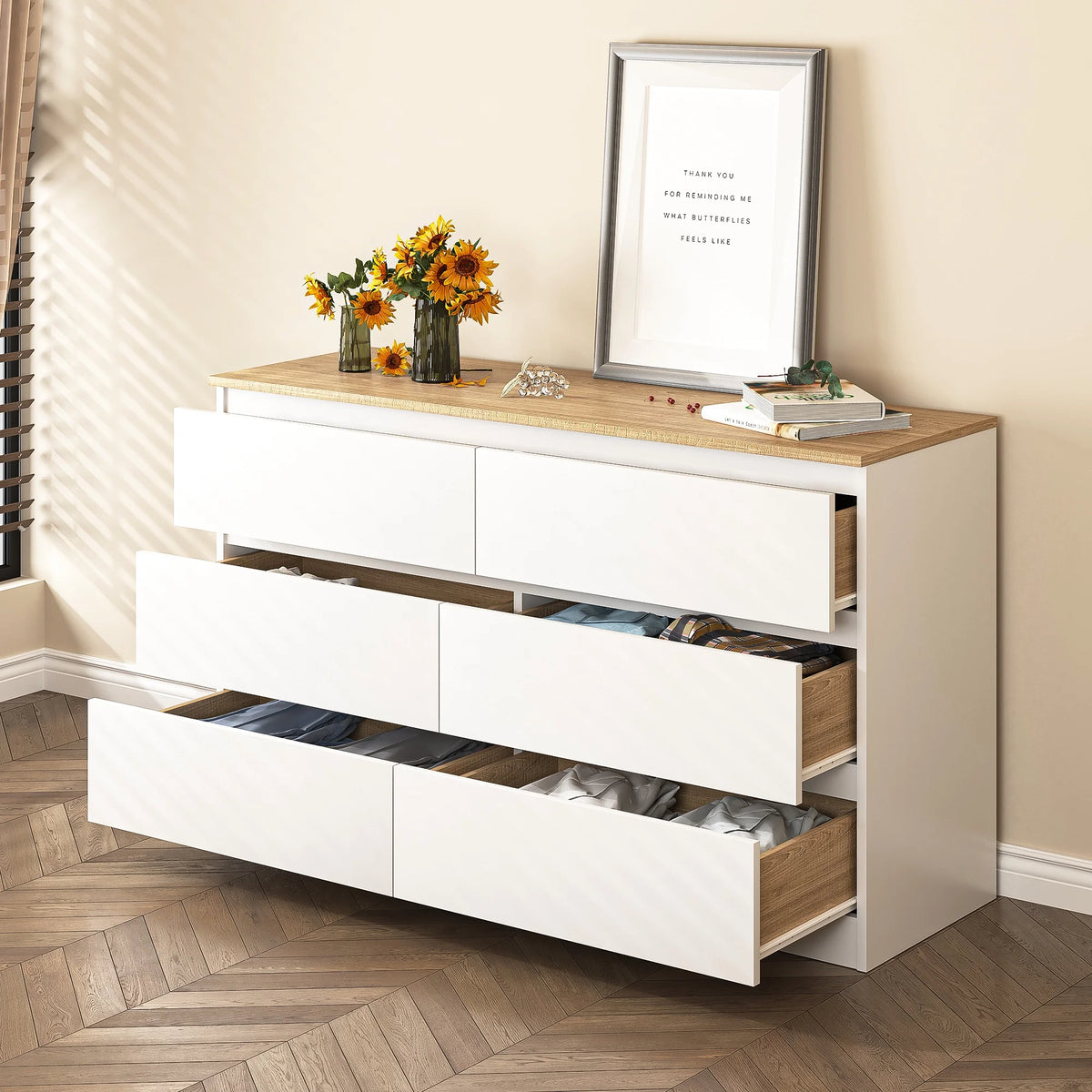 Kadyn White Chest of Drawer, 6 Double Drawer Dresser for Bedroom, Modern Storage Cabinet for Living Room, Dresser