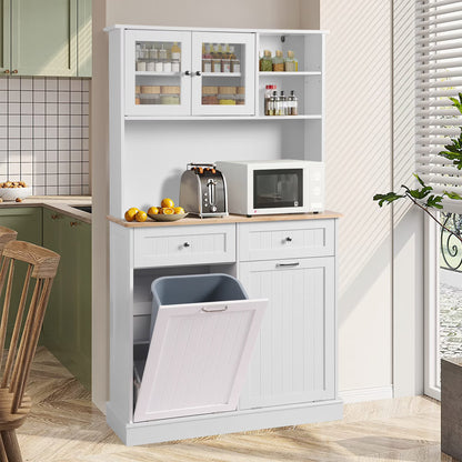 KIGOTY Dual Kitchen Trash Cabinet, Double Tilt Out Trash Can Cabinet with Countertop and Drawer, Free-Standing Pet Proof Recycling Cabinet Garbage Can Holder, Wood (White)