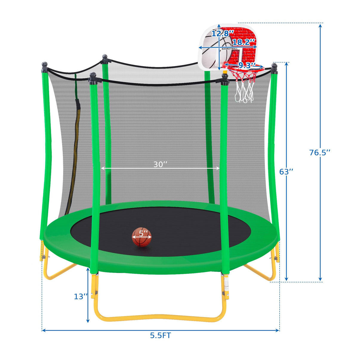 Leuco 66" Kids Trampoline with Basketball Frame, Rubber Ball and Enclosure Net, 5.5ft Mini Small Toddler Trampoline Toys for Indoor and Outdoor Use, Age for 1-8 years old