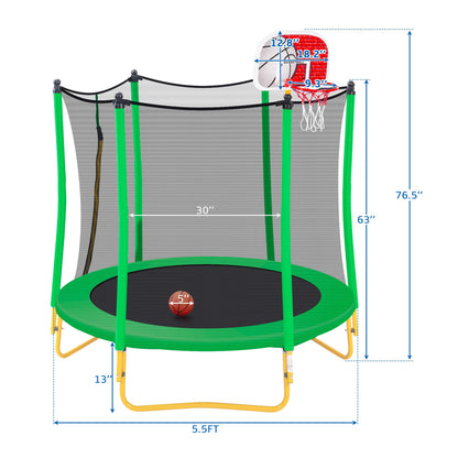 Leuco 66" Kids Trampoline with Basketball Frame, Rubber Ball and Enclosure Net, 5.5ft Mini Small Toddler Trampoline Toys for Indoor and Outdoor Use, Age for 1-8 years old
