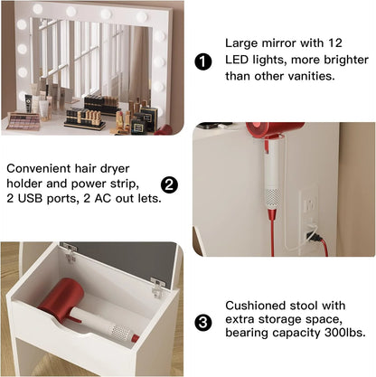Vanity Table Set with Lighted Mirror,Makeup Vanity with Lights, Large Drawer Sturdy Wood Vanity, White