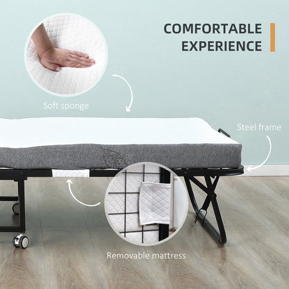 HOMCOM Folding Bed with 4" Mattress, Portable Foldable Guest Bed with Wheels