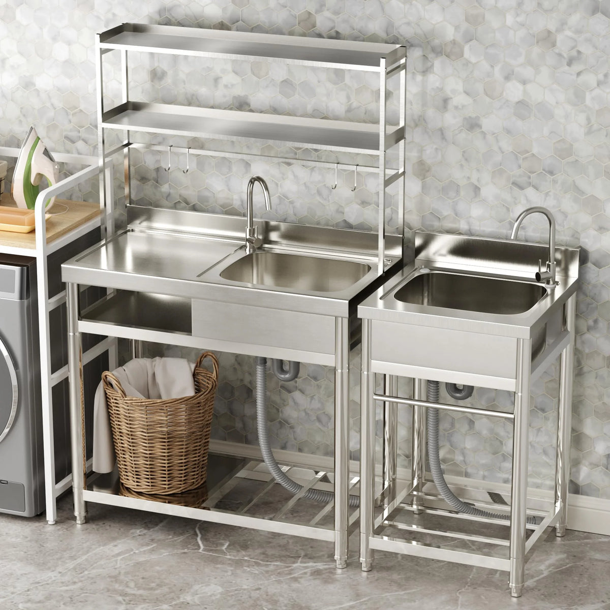 23.8'' Stainless Steel Sink Laundry Tub, Free Standing Laundry Sink with Washboard, Commercial Utility Tub with Cold & Hot Water Faucet for Garage Laundry Room Kitchen