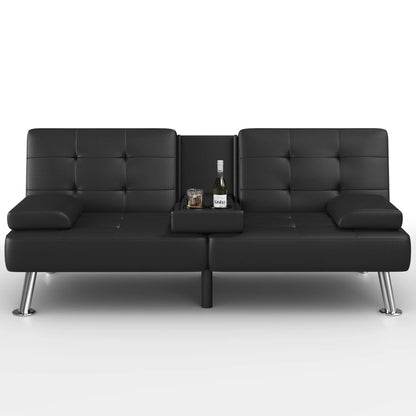 Devoko Modern Faux Leather Futon Sofa Bed Convertible Folding Sofa Bed Removable Armrests and 2 Cup Holders ,Black