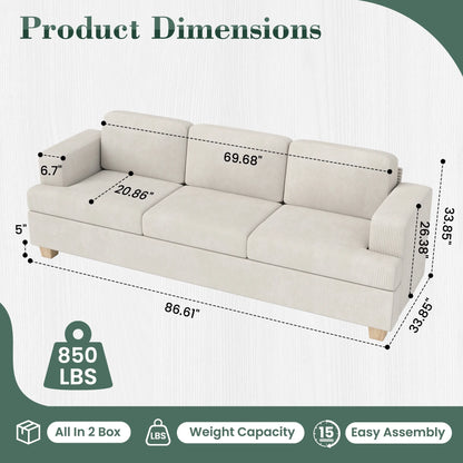 LUMIHO 89" Modern Corduroy Sofa,3 Seater Couches for Living Room, Bedroom,with Deep Seat,beige