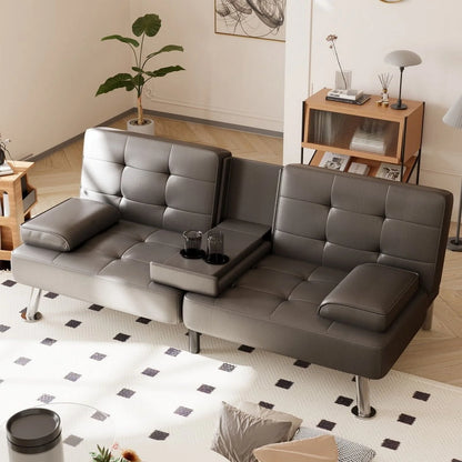 Furmax Futon Sofa Bed Convertible Folding Faux Leather Couch with 2 Cup Holders,Black