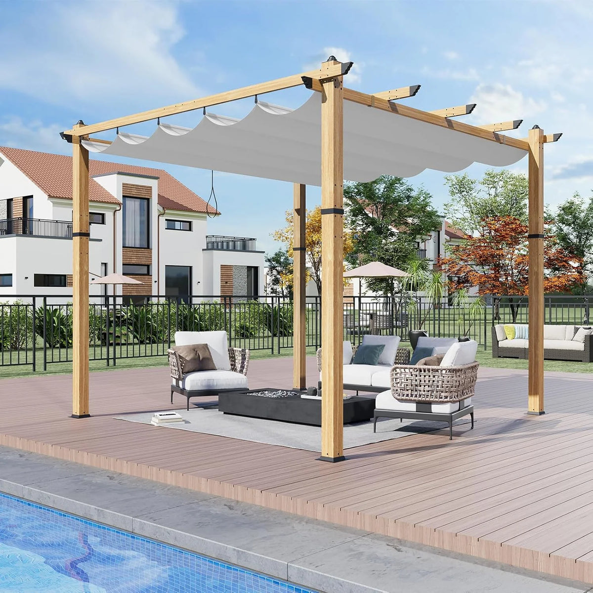 Outdoor Aluminum Pergola with Retractable Canopy, Reinforced 4-Sided Base, Waterproof & UV-Resistant Adjustable Roof, Modern Design for Patio, Deck, Backyard, and Garden