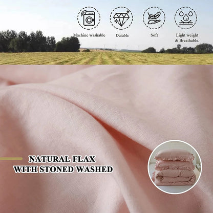 Simple&Opulence 100% Washed Linen Duvet Cover Set-3 Pieces Shabby Chic Premium Ruffled Bedding with 1 Comforter Cover and 2 Pillowshams France Flax High End Frill Sets Vintage Style(King, White)