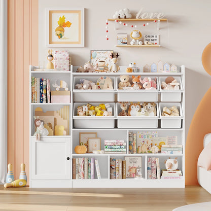 Hiphuta 55"In Kids Bookcase with Toy Storage Organizer, Wood Cube Bookcase Toy Chest of 8 Compartments & 6 Movable Bins, Bookshelf for Kids Bedroom, White