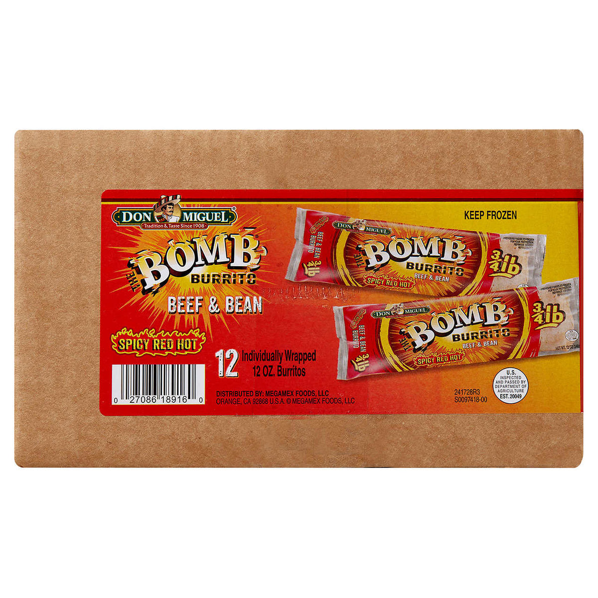 Don Miguel Beef and Bean Spicy Bomb Burrito, 12 oz, 12-count