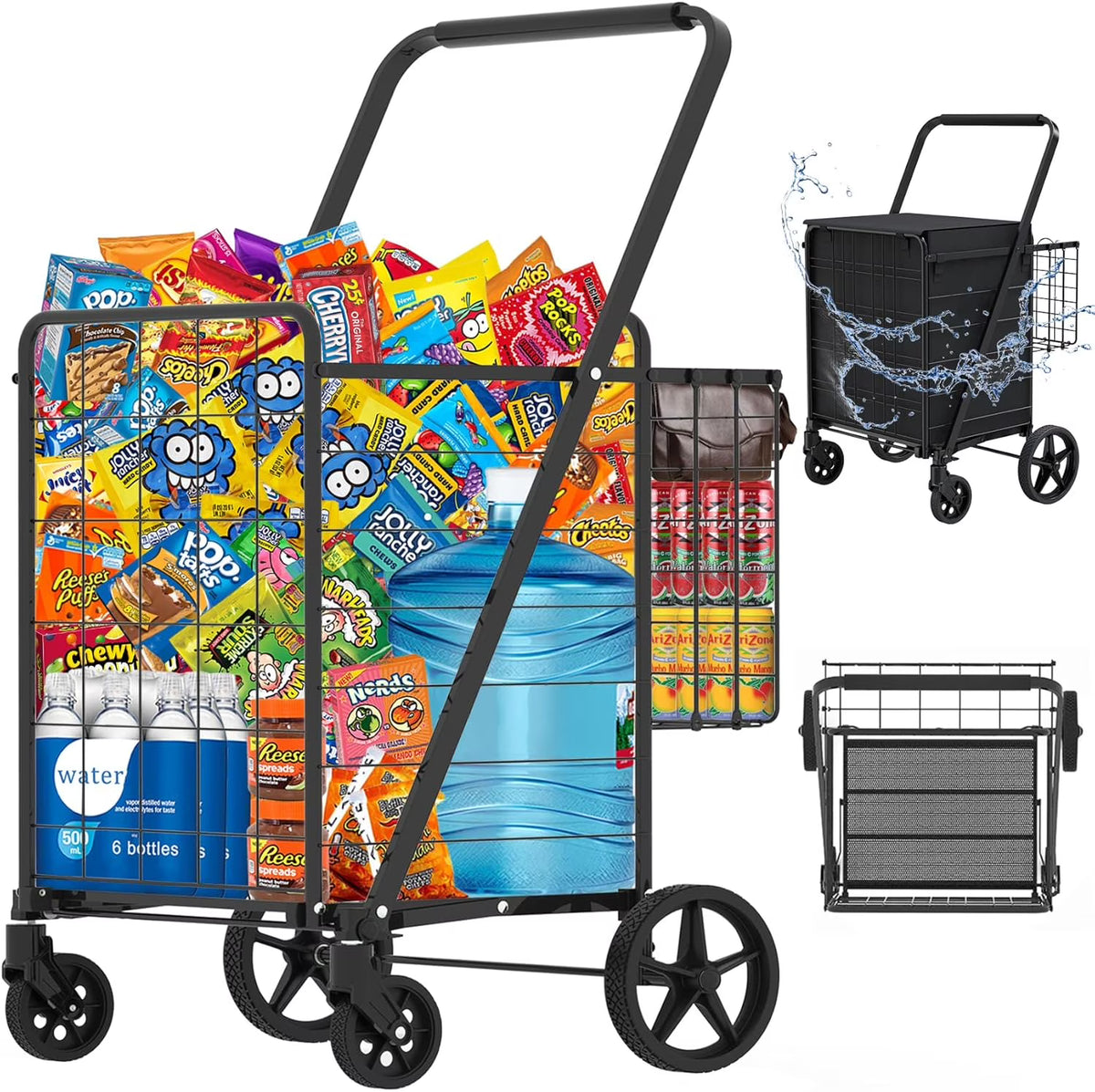 Heavy Duty Folding Shopping Cart for Groceries, Jumbo Double Basket with 360�� Swivel Wheels & Waterproof Bag, Portable Utility Cart for Shopping, Laundry, Holds Up to 320 LBS