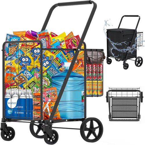 Heavy Duty Folding Shopping Cart for Groceries, Jumbo Double Basket with 360�� Swivel Wheels & Waterproof Bag, Portable Utility Cart for Shopping, Laundry, Holds Up to 320 LBS
