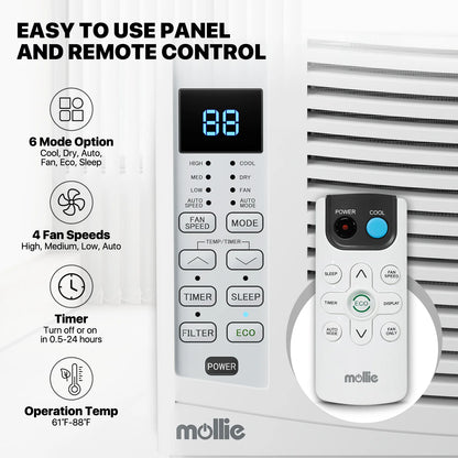 mollie 12,000 BTU 115V Window Air Conditioner, Cools Rooms up to 450 Sq.Ft., Window AC Unit with Remote Control, 24H-Timer and 3 Fan Speeds, White