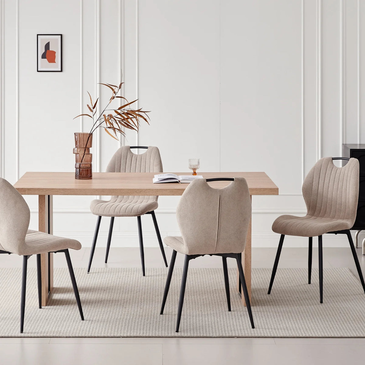 5pcs Rectangle Dining Table Chairs Set for 4, 63" Farmhouse Wood Kitchen Table with 4 Upholstered Mid Century Modern Boucle Chairs for Dinner, Living Dining Room, Apartment, Beige