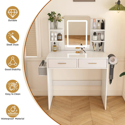 Montary Modern Mini Vanity w/Adjustable LED Mirror + Hidden Storage, Padded Stool & Dustproof Shelves (White)