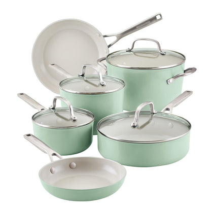 KitchenAid Hard Anodized 10 Pcs Ceramic Nonstick Cookware Pots and Pans Set, Oven Safe to 500��F, Pistachio