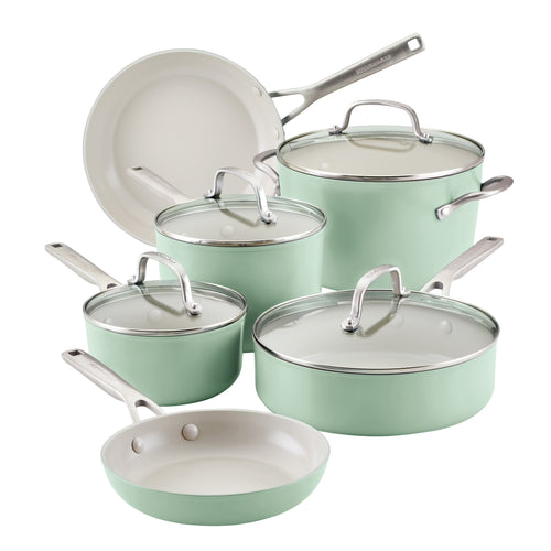 KitchenAid Hard Anodized 10 Pcs Ceramic Nonstick Cookware Pots and Pans Set, Oven Safe to 500��F, Pistachio