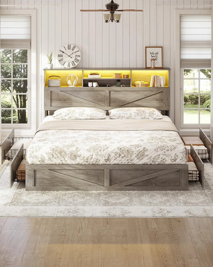 Twin Bed Frame with 4 Storage Drawers and Charging Station, Farmhouse Wooden Led Twin Bed with Storage Hidden Space Headboard and Metal Slats, Gray