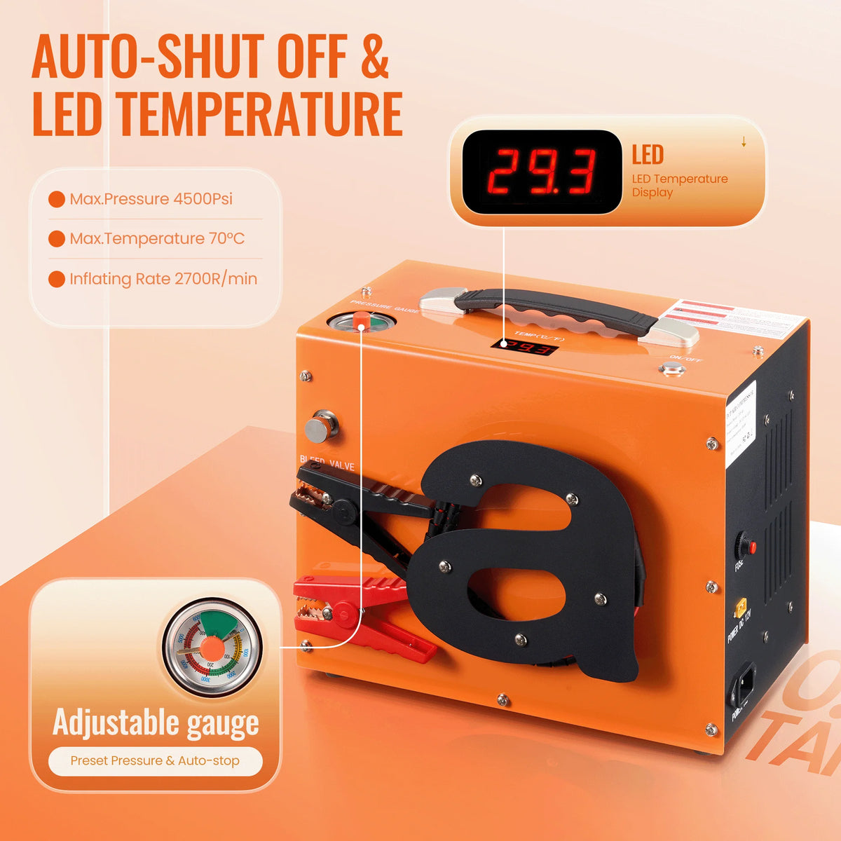PCP Air Compressor 4500PSI  Auto Stop PCP Compressor with Water Oil-Free 12V DC 110V AC Portable PCP Compressor for Paintball Scuba Air Rifle