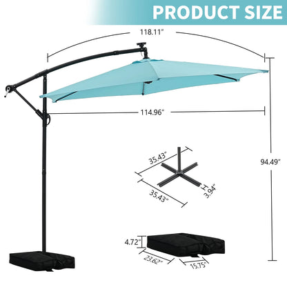 Ainfox 10ft Cantilever Patio Umbrella with Lights, Offset Market Umbrella with Sandbags Weighted Base and Cross Base,Khaki
