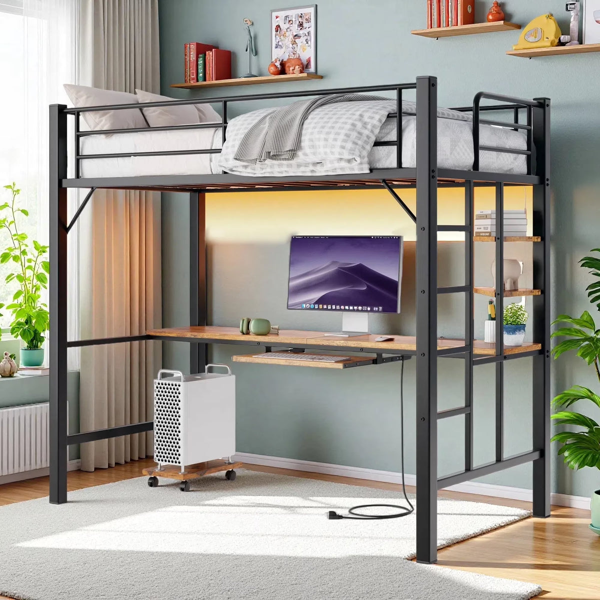 Lofka Twin Loft Bed with L-Shaped Desk, RGB Lights & Charging Station, 400lb Capacity Metal Frame, 3 Shelves & 2 Drawers, Easy Assembly��White