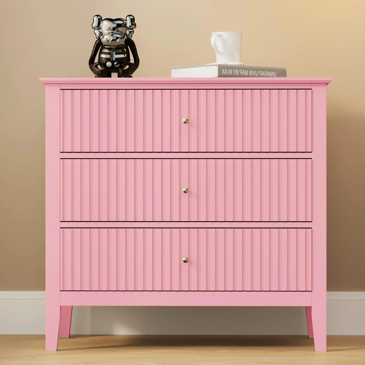 Heynemo Beige 6 Drawer Dresser, Fluted Modern Wood Chest