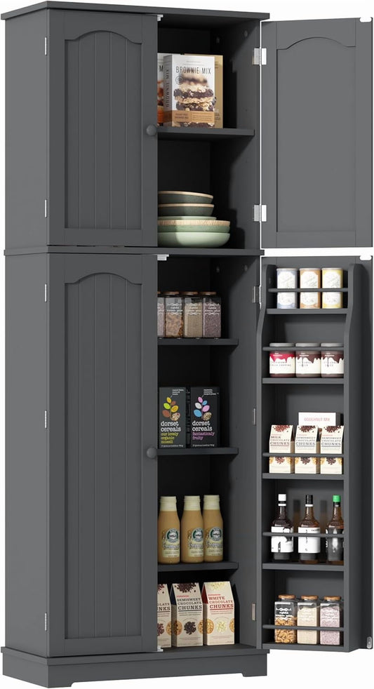 Yusong 64'' Kitchen Storage Cabinet, Tall Kitchen Pantry Storage Cabinet with Doors and Shelves, Food Pantry Cabinet Free Standing Pantry for Kitchen Dining Living Room, Grey