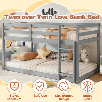 SESSLIFE Bunk Bed Twin Over Twin, Low Floor Bunk Bed with Guard Rails for Dorm, Small Space, No Box Spring Needed(White)
