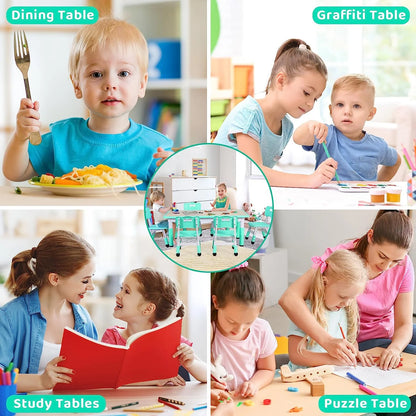 Arlopu Adjustable Kids Table and 6 Chairs Set, Toddler Play Activity Table Set with Graffiti Tabletop, Preschool Kids Furniture Table Set for Reading, Drawing, Eating