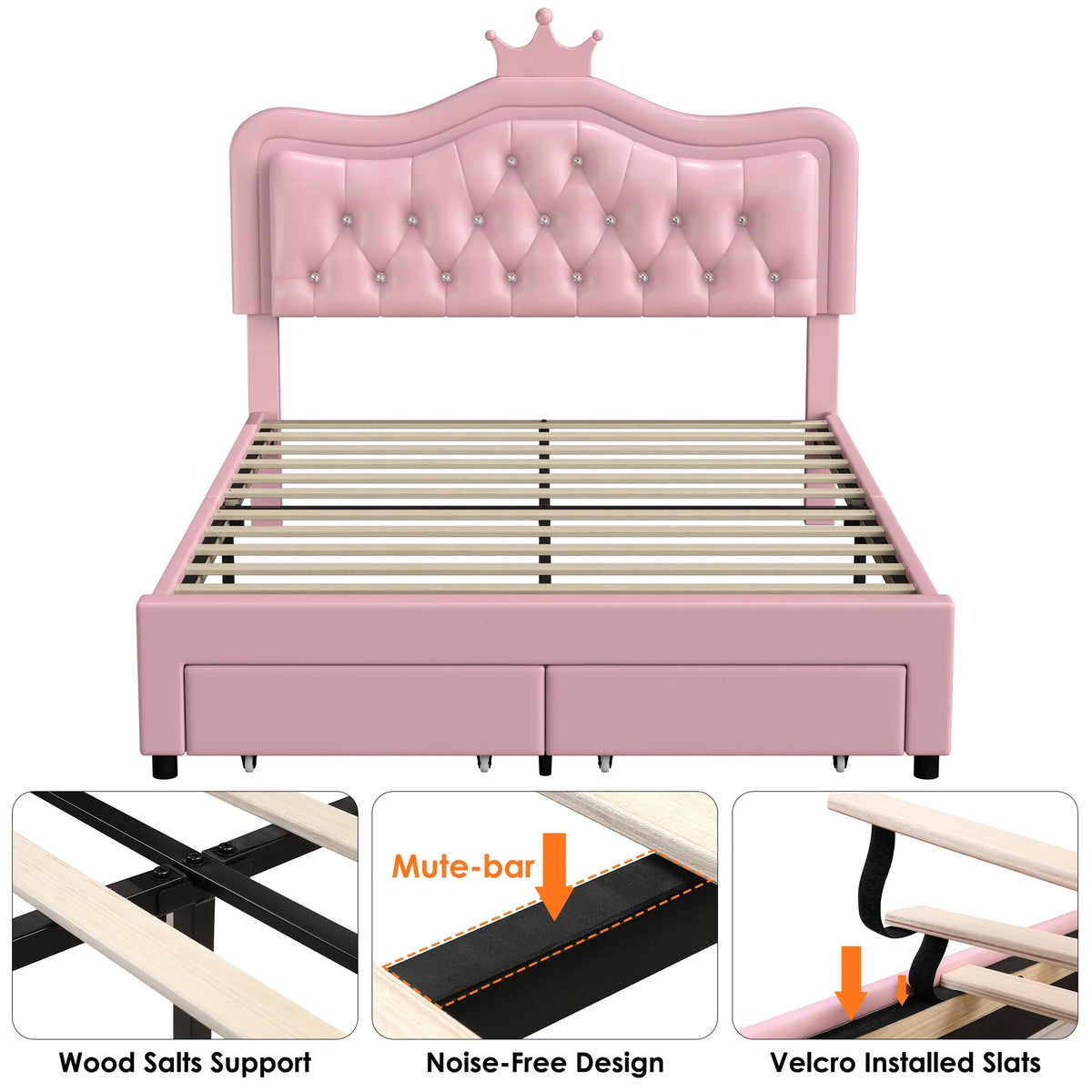 Homfa Full Size Bed, LED Upholstered Bed with Adjustable Crystal Button Tufted Crown Headboard, Soft PU Princess Platform Bed with Storage Drawers, Pink