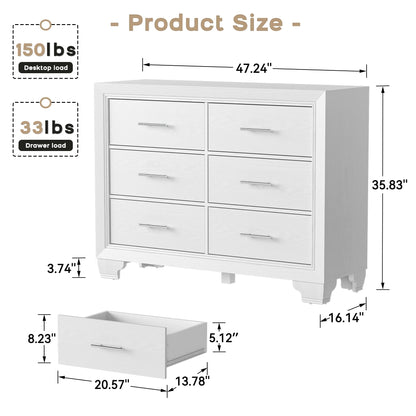 Homhougo White Dresser for Bedroom 6 Drawer, Wood Organizer Storage Cabinet with Gray Strip Drawer Door, Chest of Drawers for Closet, Living Room, Hallway, Nursery, Kids Bedroom