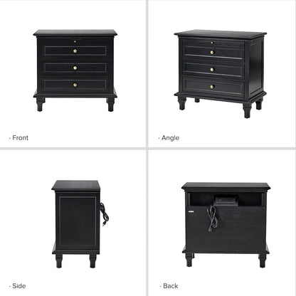 Farmhouse 3 Drawers Nightstand with Tray Bedside Table with Charging Station Acorn